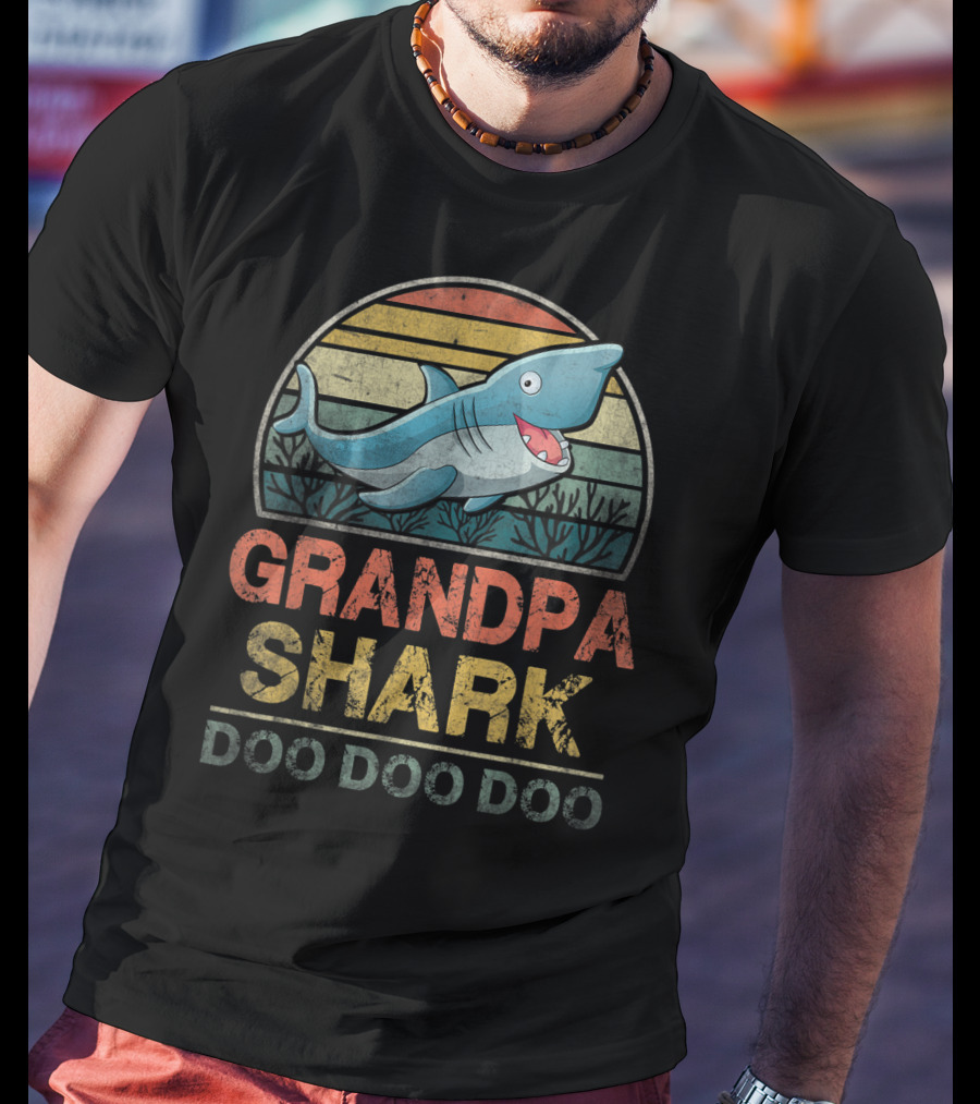 Grandpa Shark Doo Doo Doo Father's Day Retro Sunset Ocean T-Shirt