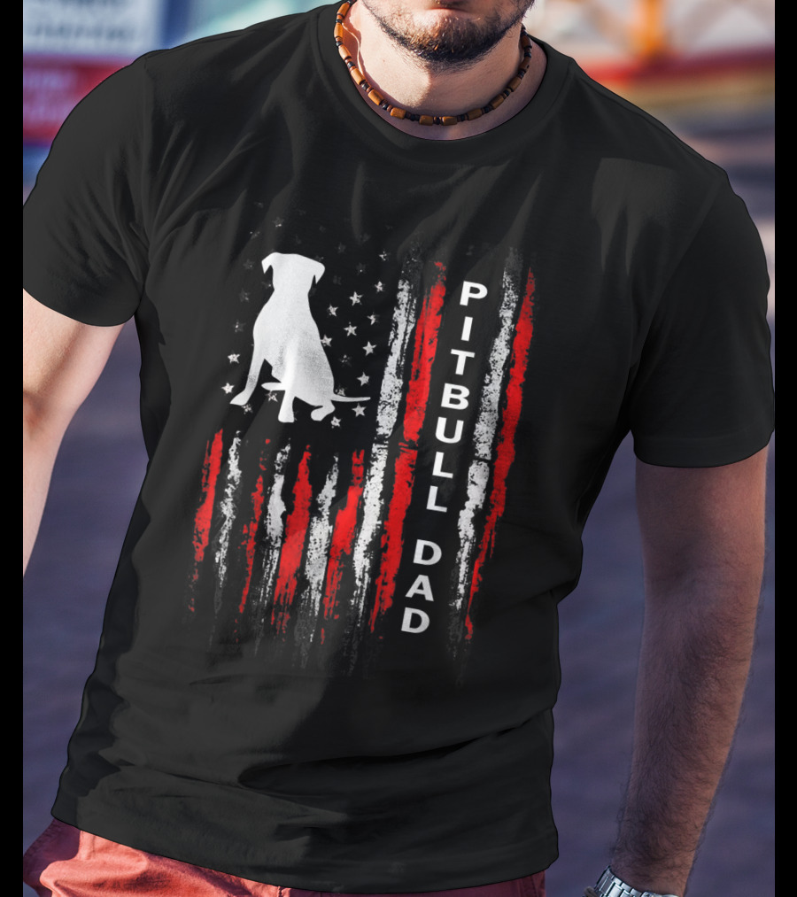 Mens Pitbull Dad American Flag Bully Dog T-Shirt