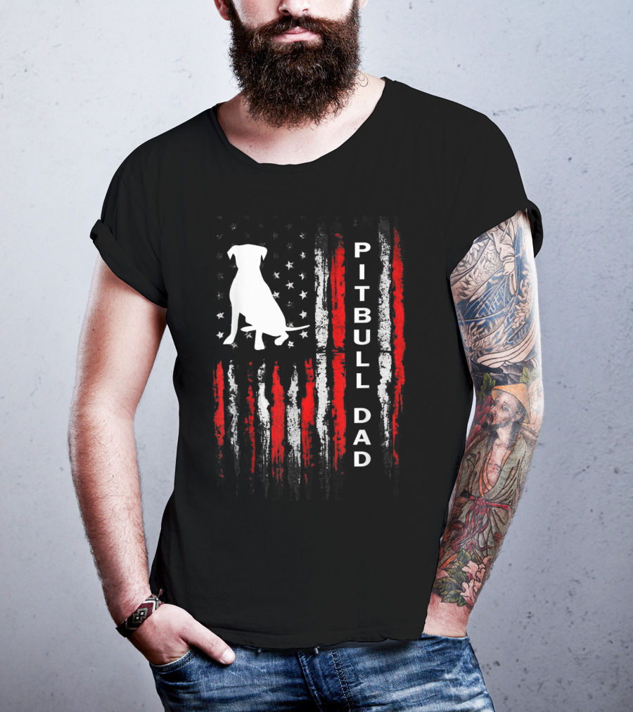Mens Pitbull Dad American Flag Bully Dog T-Shirt