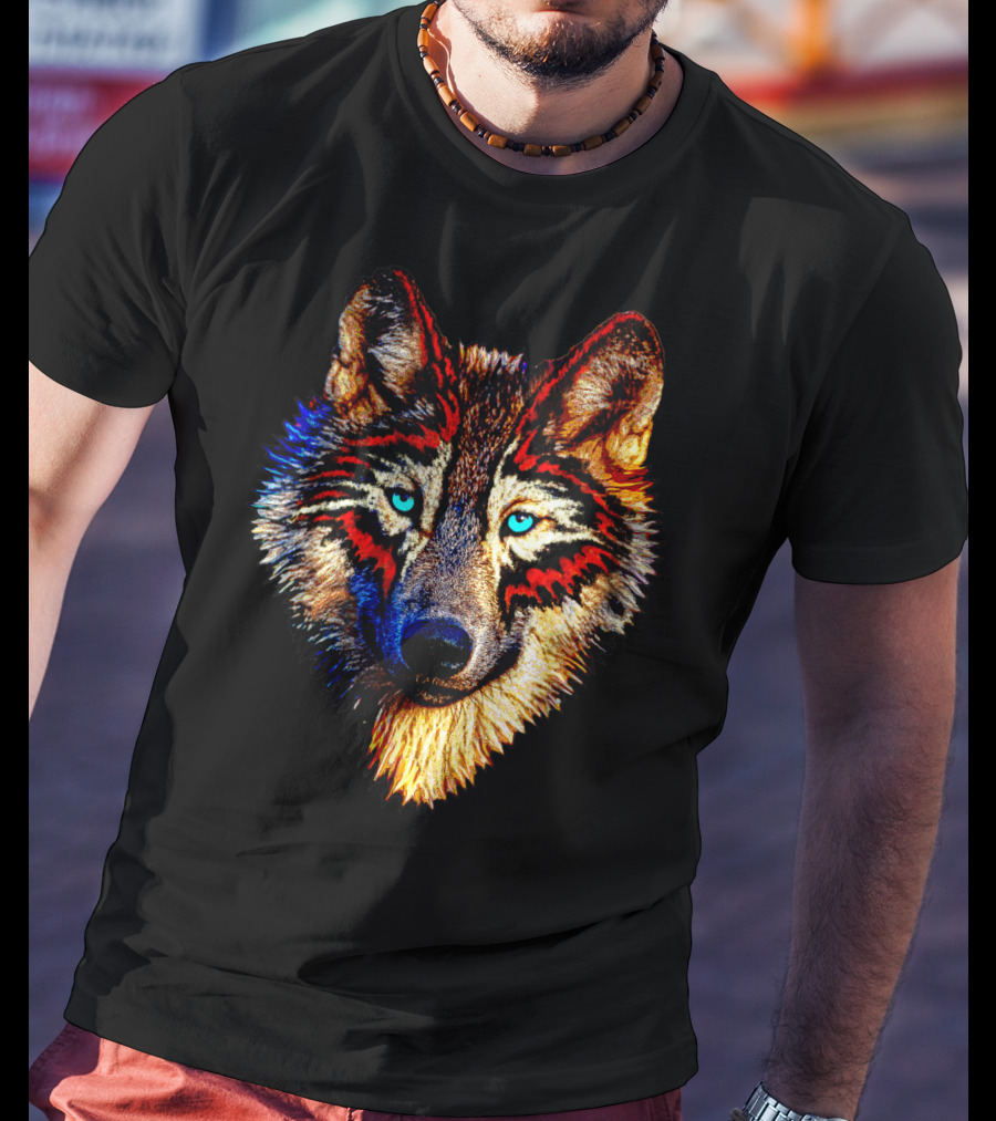 Mens Womens Kids Native American Timber Wolf Cool Bright Colorful Wolf Face T-Shirt
