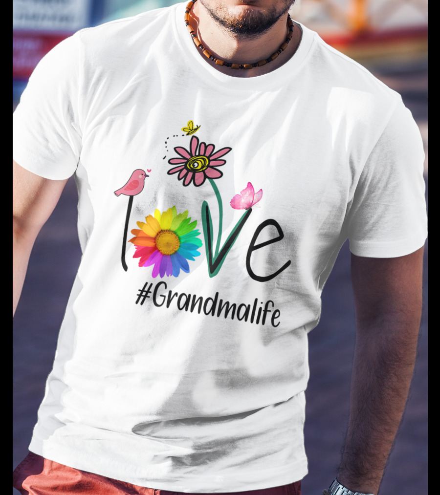 Love #Grandmalife Rainbow Heart Floral Bird Butterfly T-Shirt