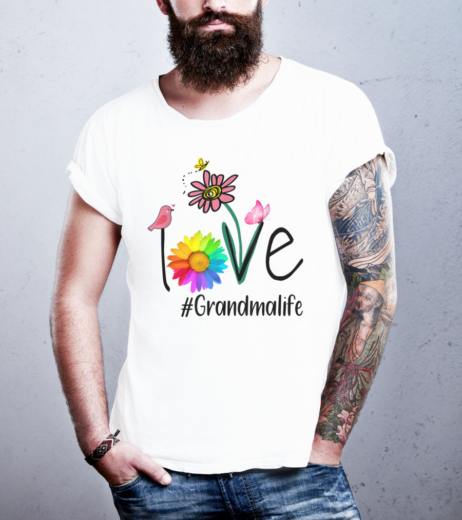 Love #Grandmalife Rainbow Heart Floral Bird Butterfly T-Shirt