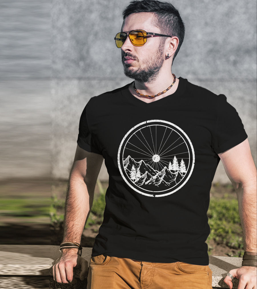 Mountain Bike MTB Bicycle Cycling Wheel With Mountains And Trees T-Shirt