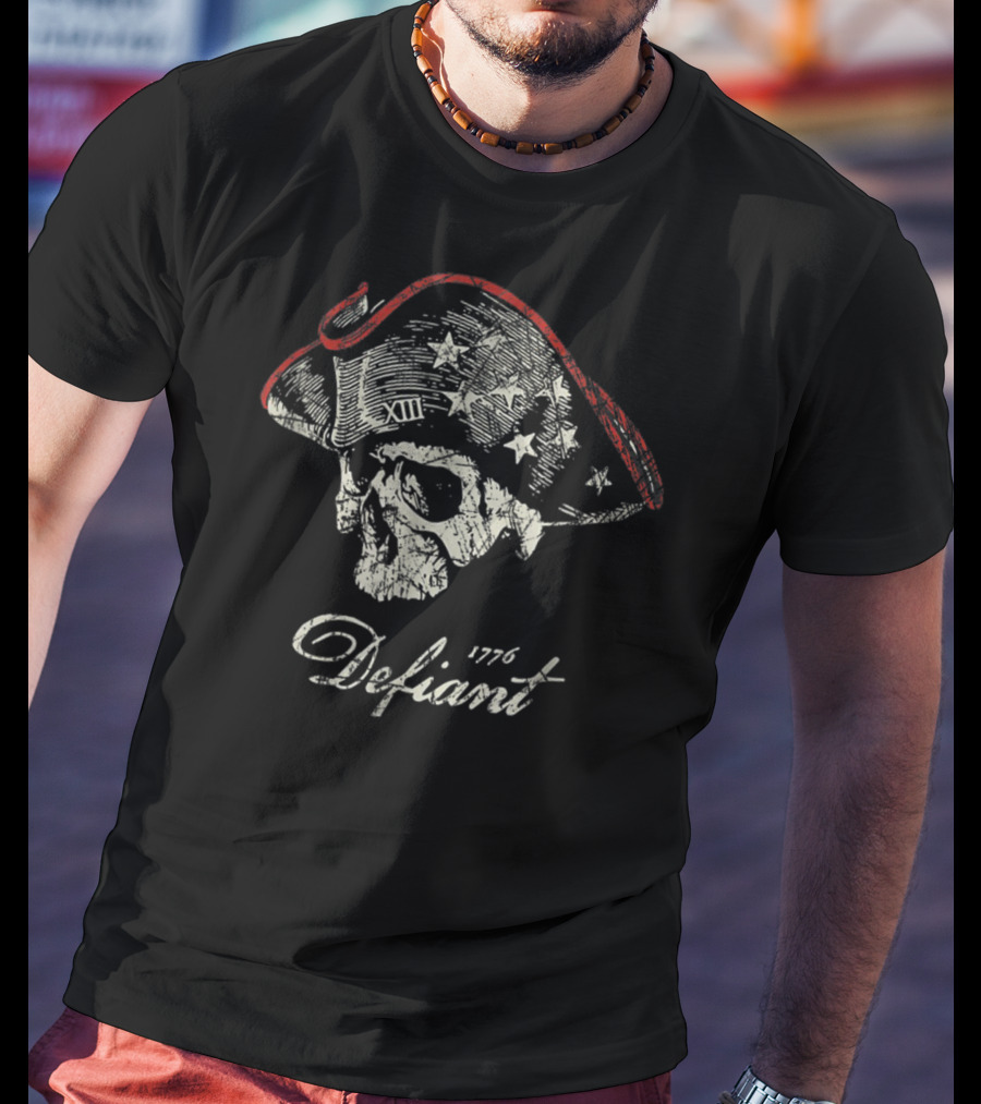 Defiant 1776 Patriot American Skull With Tricorn Hat And Stars T-Shirt