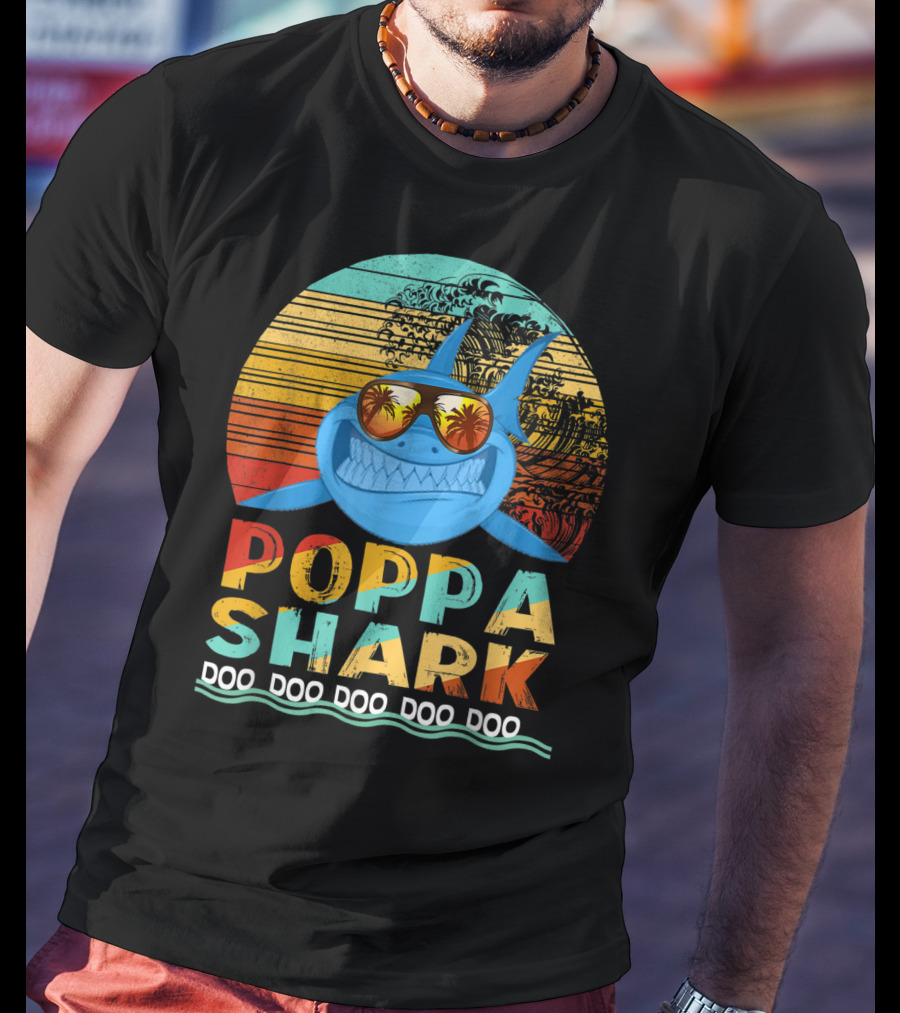 Poppa Shark Doo Doo Doo Doo Doo Retro Sunset Palm Trees Sunglasses T-Shirt