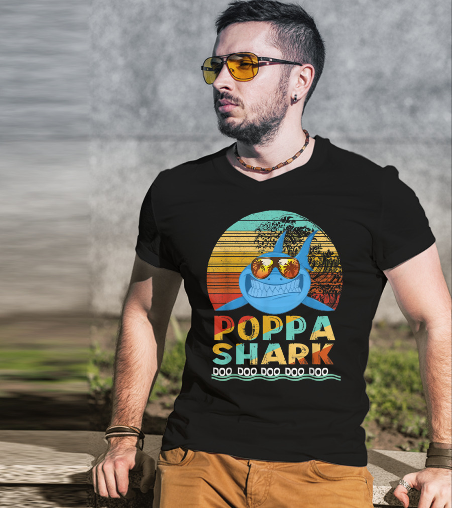 Poppa Shark Doo Doo Doo Doo Doo Retro Sunset Palm Trees Sunglasses T-Shirt
