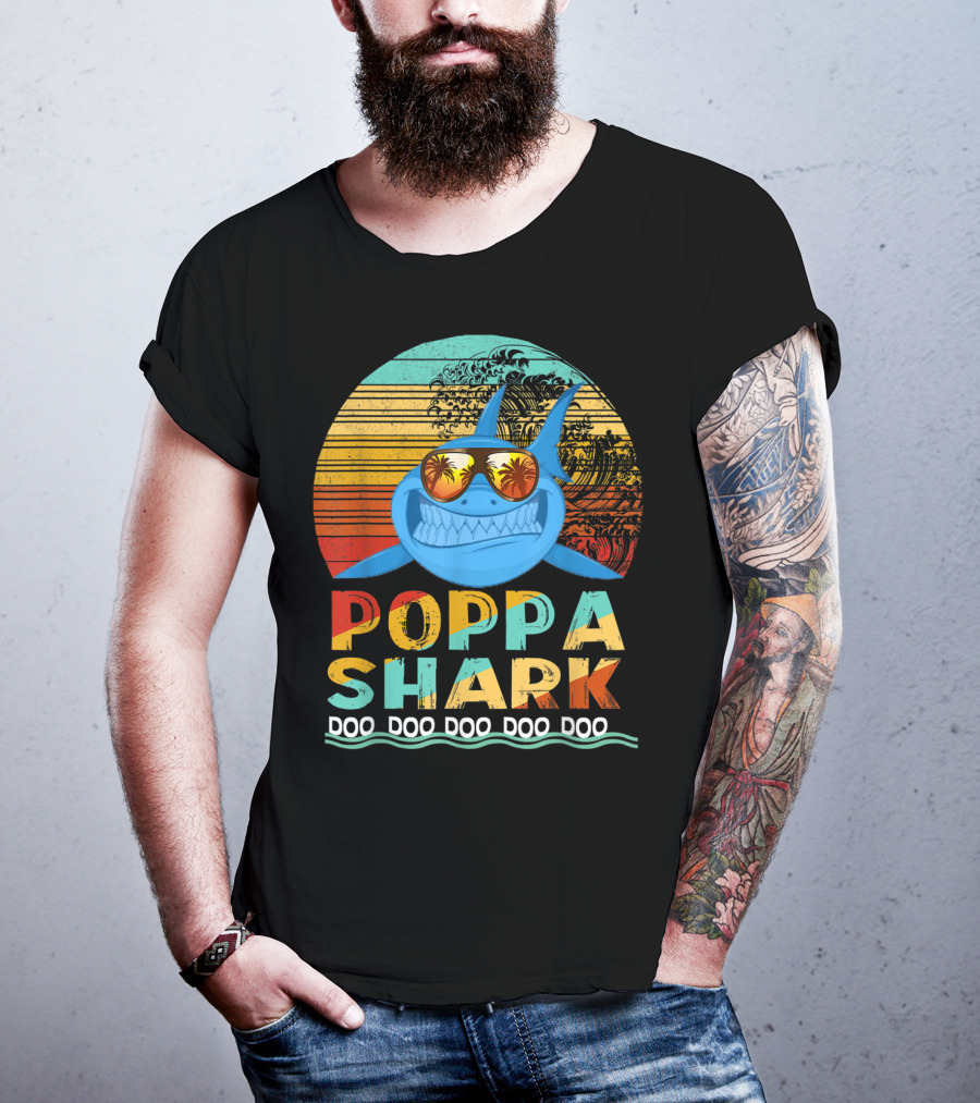Poppa Shark Doo Doo Doo Doo Doo Retro Sunset Palm Trees Sunglasses T-Shirt
