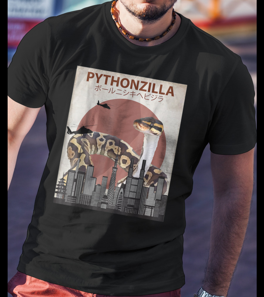 Pythonzilla Ball Python Funny Snake Skyline Helicopter Japanese Text T-Shirt