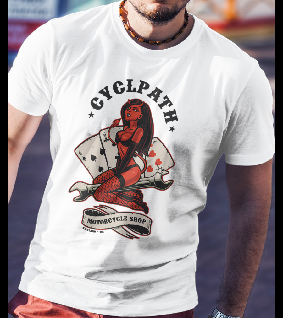 Cyclpath Red She Devil Motorcycle Shop Kirkland Poker Cards T-Shirt