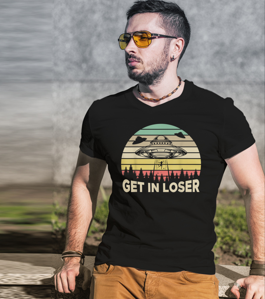 Get In Loser Retro Vintage UFO Alien Scene T-Shirt