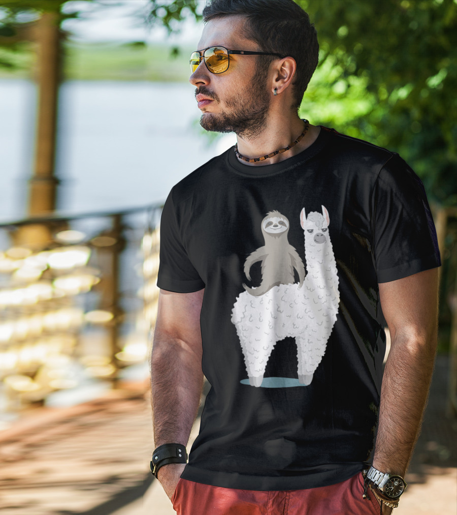 Sloth Joyfully Riding A White Llama T-Shirt