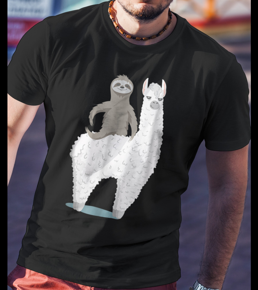 Sloth Joyfully Riding A White Llama T-Shirt