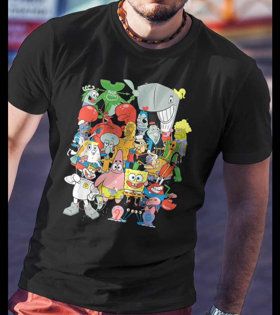 SpongeBob SquarePants Character Collage Featuring Patrick, Squidward, Sandy, Mr. Krabs, Plankton, And More T-Shirt