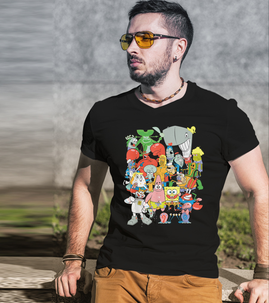 SpongeBob SquarePants Character Collage Featuring Patrick, Squidward, Sandy, Mr. Krabs, Plankton, And More T-Shirt