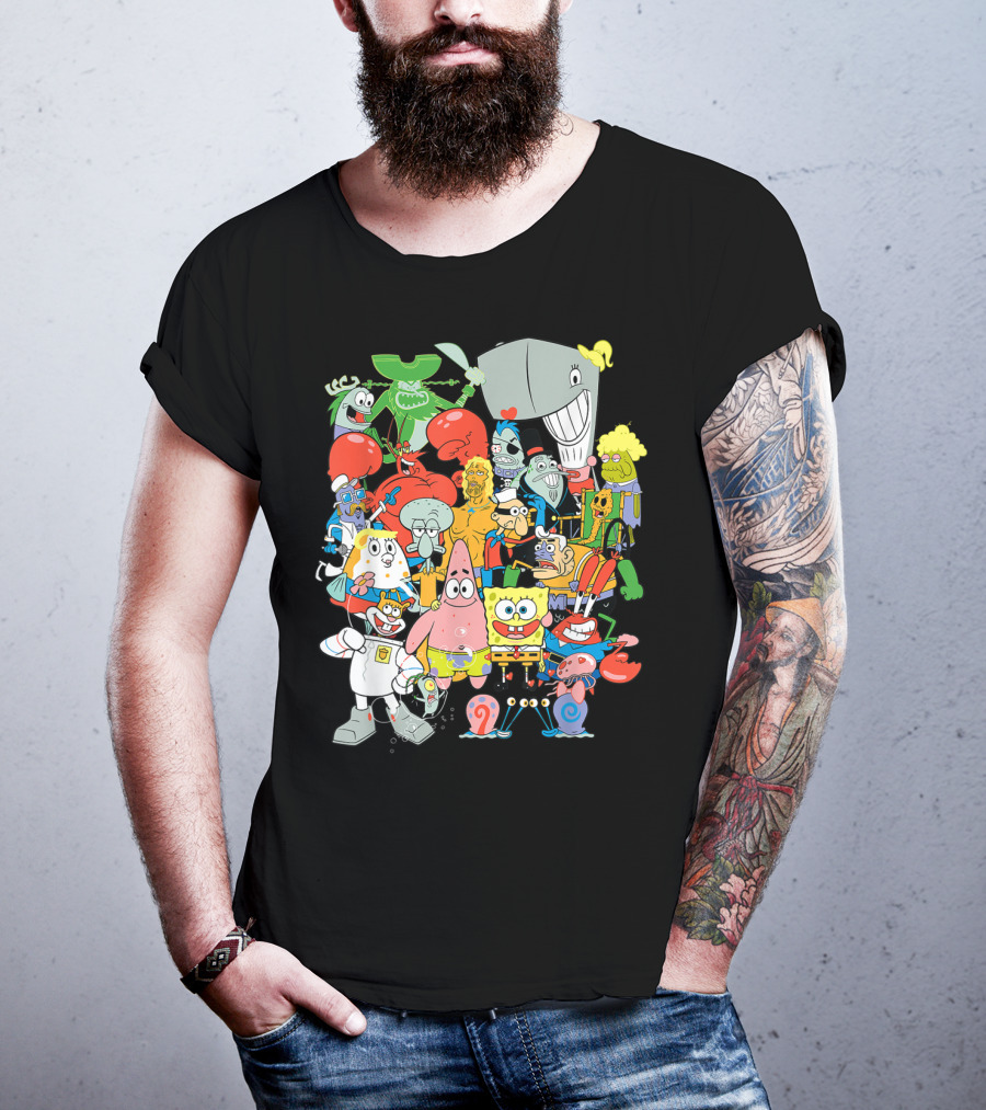 SpongeBob SquarePants Character Collage Featuring Patrick, Squidward, Sandy, Mr. Krabs, Plankton, And More T-Shirt