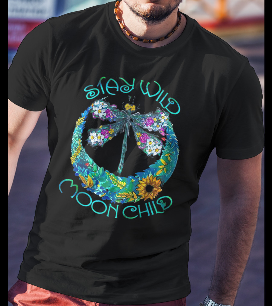 Stay Wild Moon Child Dragonfly In Floral Crescent Moon T-Shirt