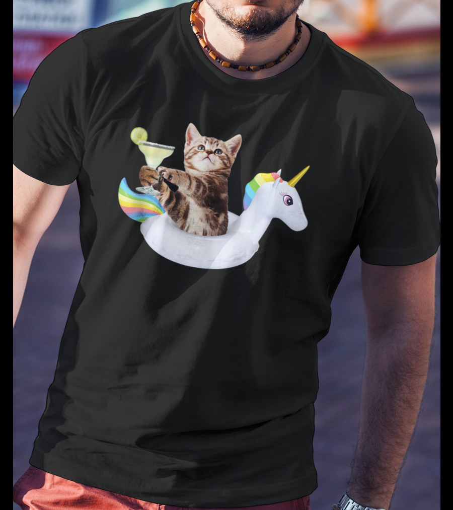 Kitty With Margarita On Rainbow Unicorn Float T-Shirt