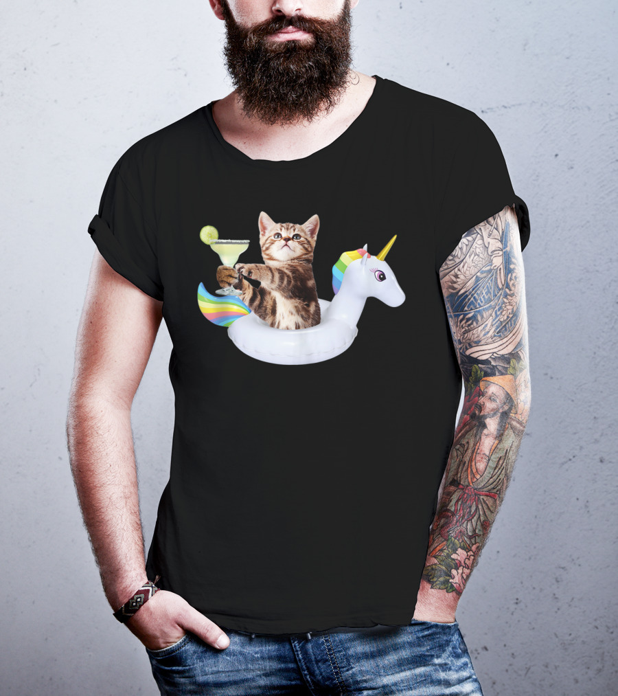 Kitty With Margarita On Rainbow Unicorn Float T-Shirt