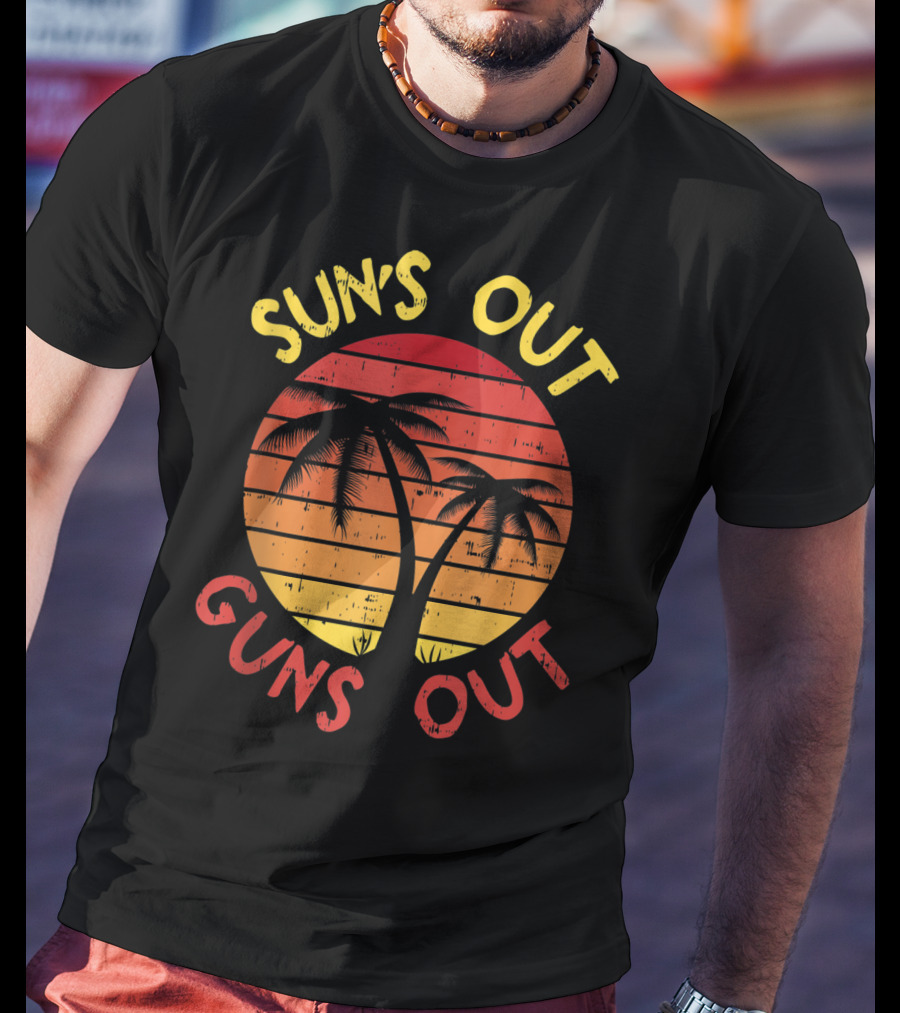 SUN'S OUT GUNS OUT Palm Beach 80s Summer Vacation Retro Tropical Sunset T-Shirt