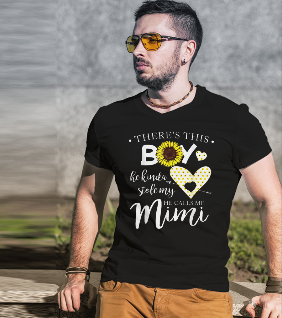 There's This Boy He Kinda Stole My Heart He Calls ME Mimi Sunflower Hearts T-Shirt