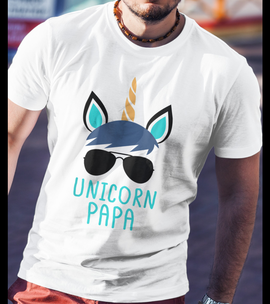 Unicorn Papa Sunglasses Blue Mane Horn Ears T-Shirt