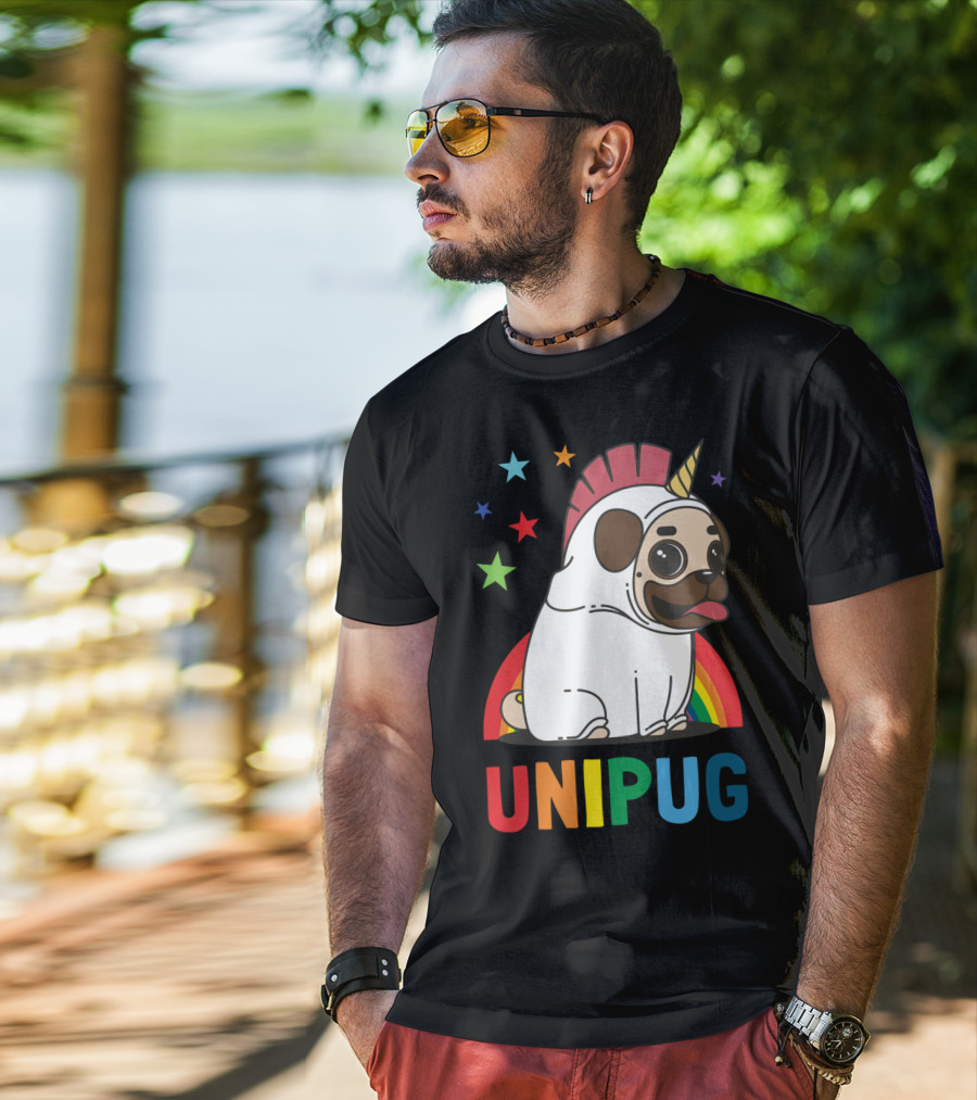 UNIPUG Rainbow Unicorn Pug Dog With Stars T-Shirt