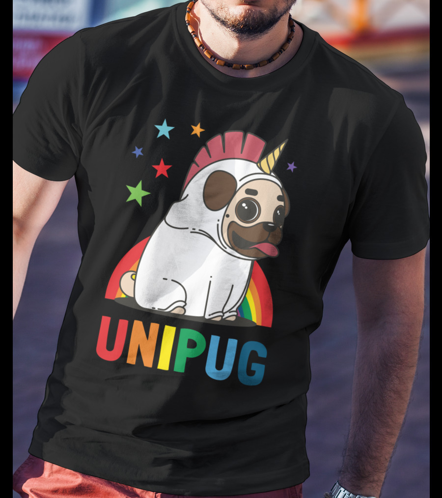 UNIPUG Rainbow Unicorn Pug Dog With Stars T-Shirt