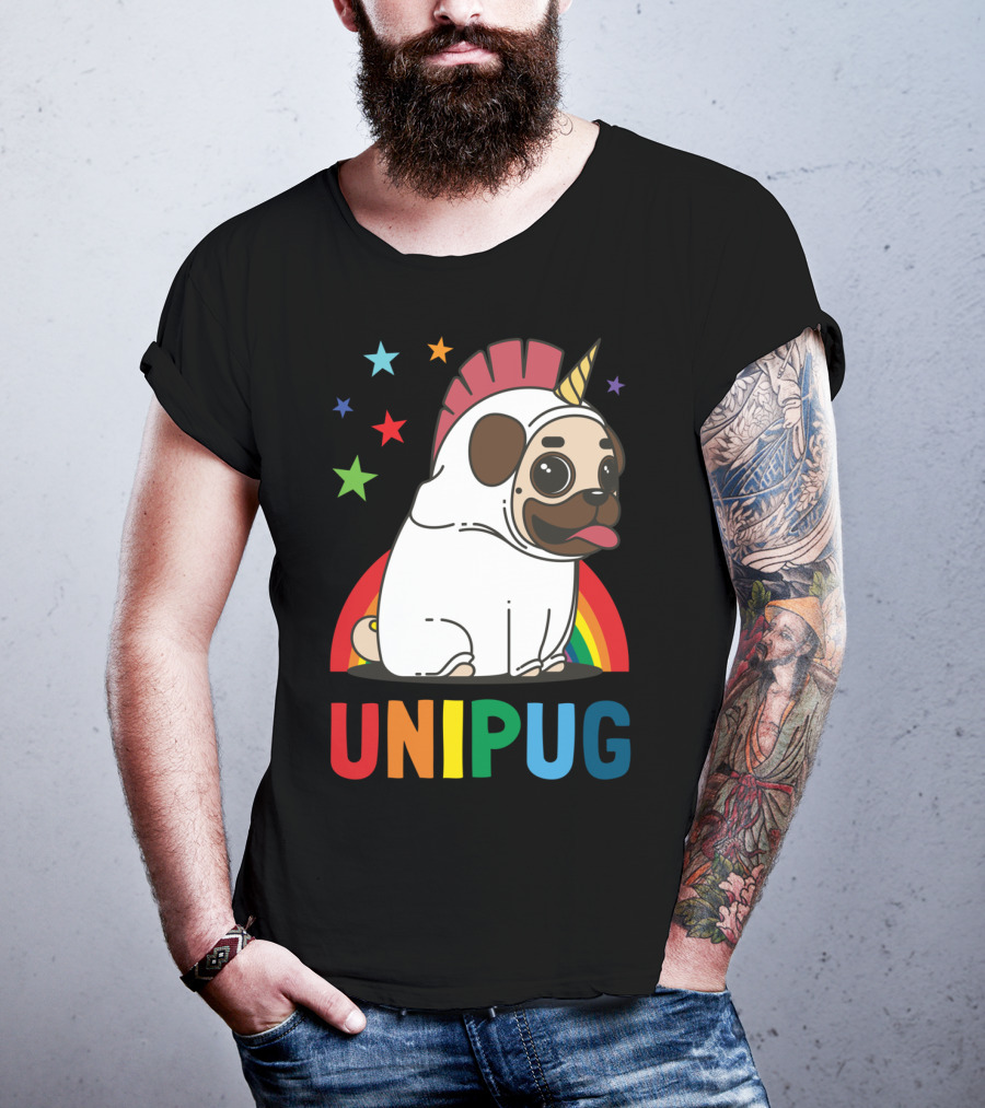 UNIPUG Rainbow Unicorn Pug Dog With Stars T-Shirt