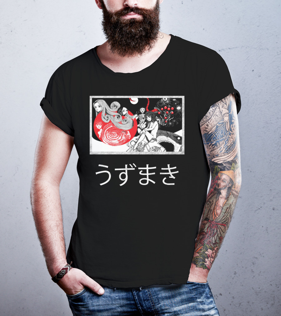 Uzumaki Japanese Horror Surreal Spiral Art With Monsters And Characters T-Shirt