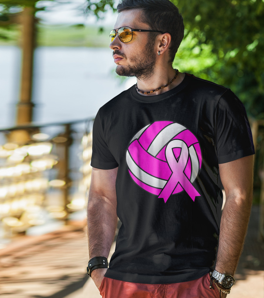 Volleyball Pink Ribbon Breast Cancer Awareness Symbol On Ball T-Shirt