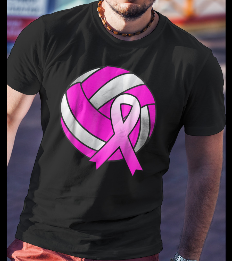 Volleyball Pink Ribbon Breast Cancer Awareness Symbol On Ball T-Shirt