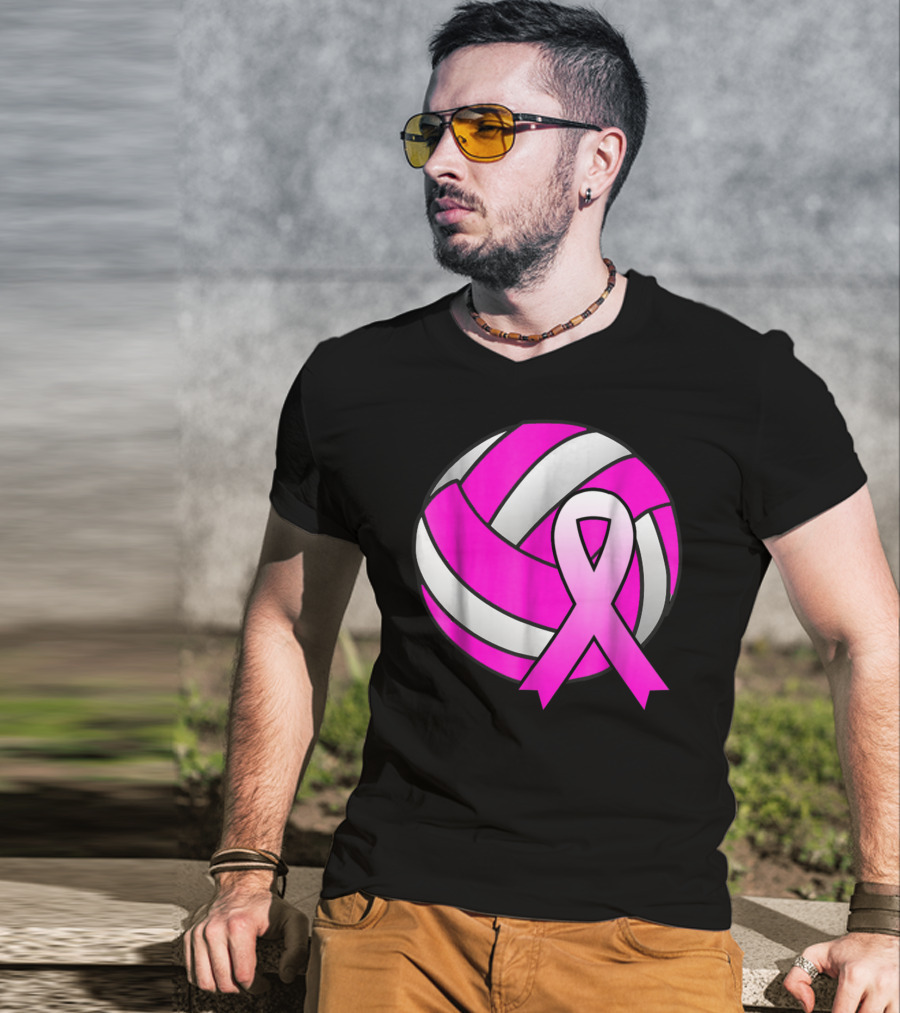 Volleyball Pink Ribbon Breast Cancer Awareness Symbol On Ball T-Shirt