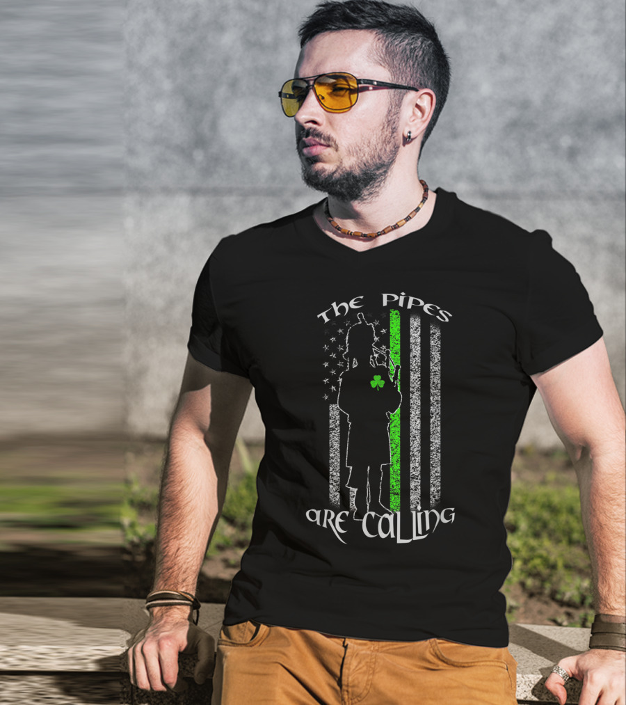 The Pipes Are Calling Saint Patrick's Day Bagpipe Silhouette And Shamrock Flag T-Shirt