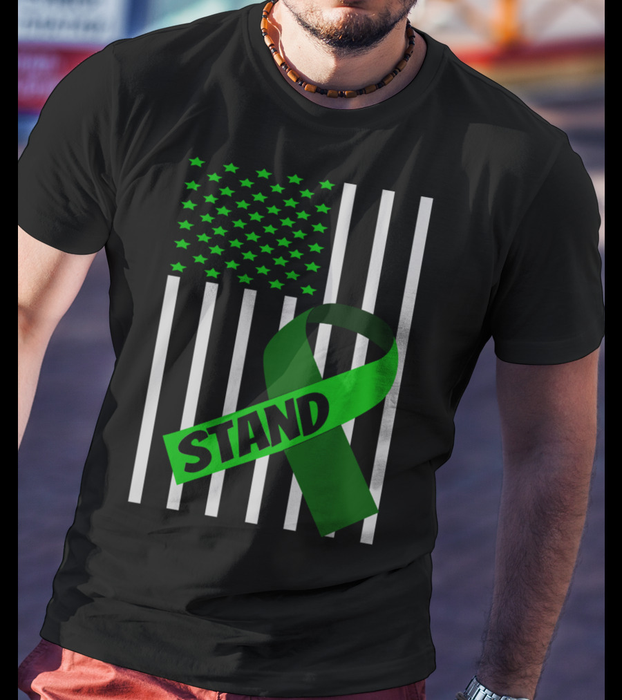 USA Flag Green Ribbon Stand Kidney Disease Awareness T-Shirt