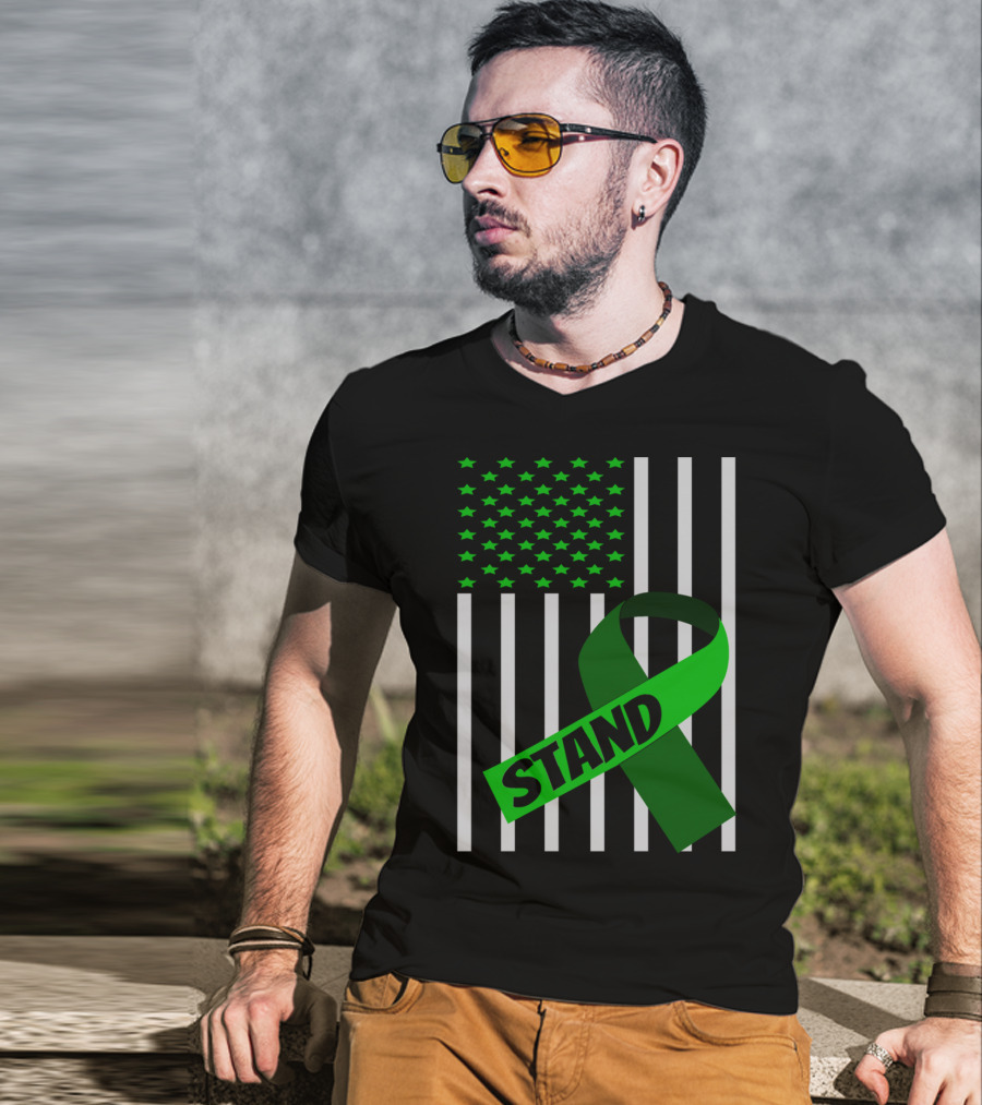 USA Flag Green Ribbon Stand Kidney Disease Awareness T-Shirt