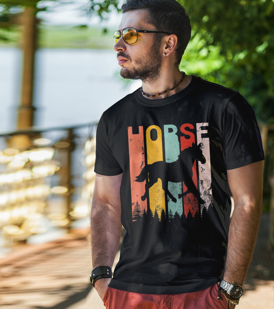 Vintage Style Horse Lover Silhouette With Colorful Stripes And Forest T-Shirt