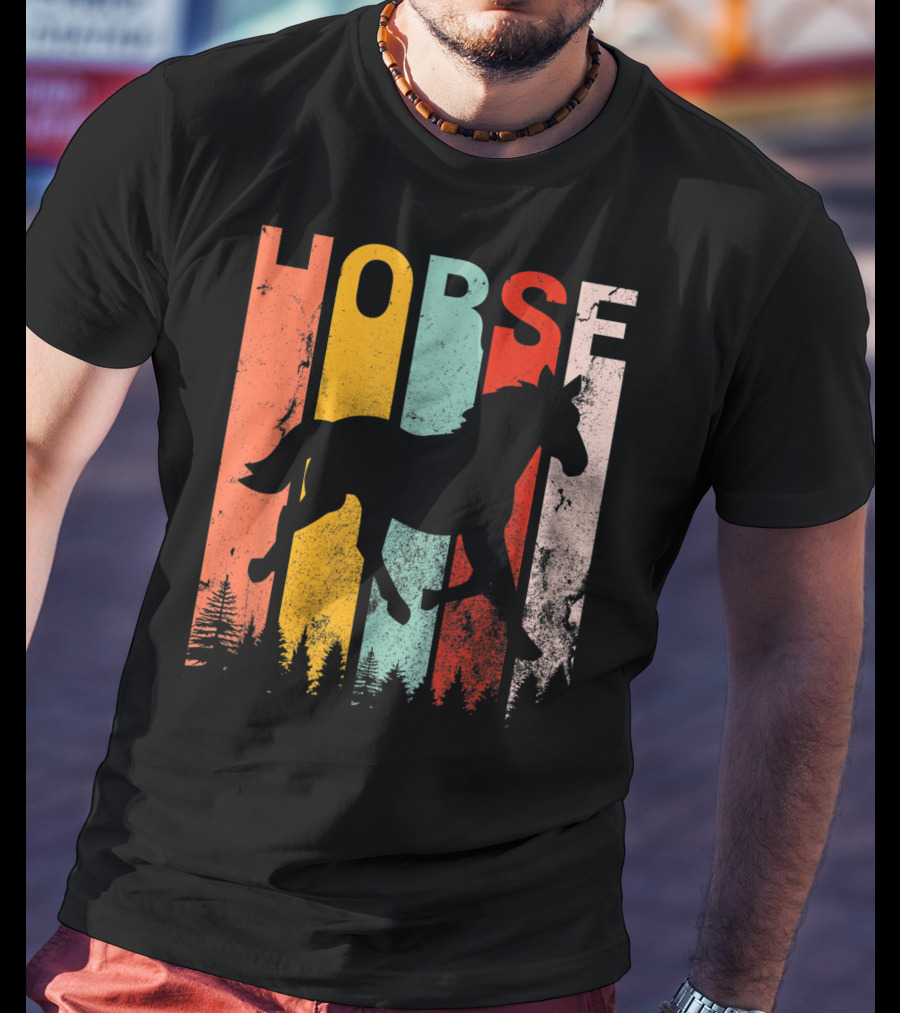Vintage Style Horse Lover Silhouette With Colorful Stripes And Forest T-Shirt