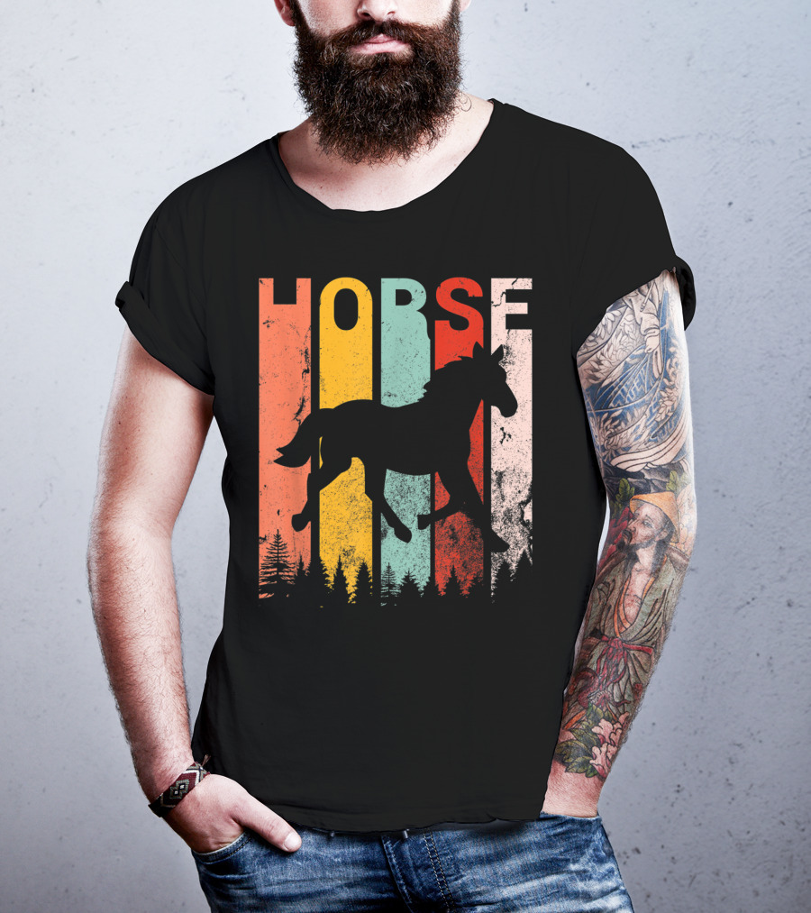 Vintage Style Horse Lover Silhouette With Colorful Stripes And Forest T-Shirt