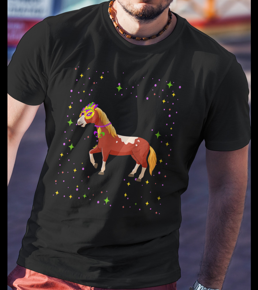 Mardi Gras Horse Wearing Mask And Beads With Colorful Stars T-Shirt