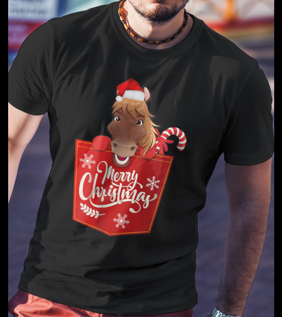Merry Christmas Santa Hat Horse Candy Cane Funny Pocket T-Shirt