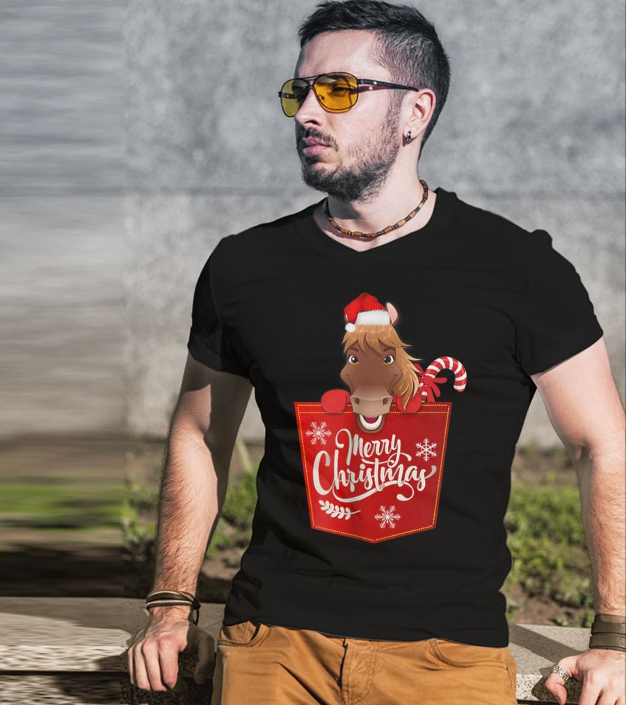 Merry Christmas Santa Hat Horse Candy Cane Funny Pocket T-Shirt