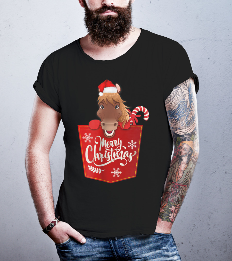 Merry Christmas Santa Hat Horse Candy Cane Funny Pocket T-Shirt