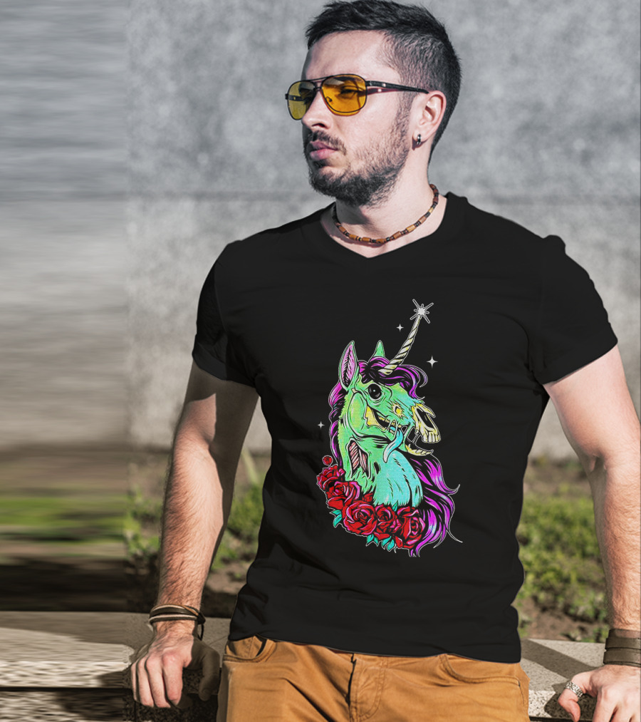 Funny Rose Floral Unicorn Horse Zombie Vibes T-Shirt