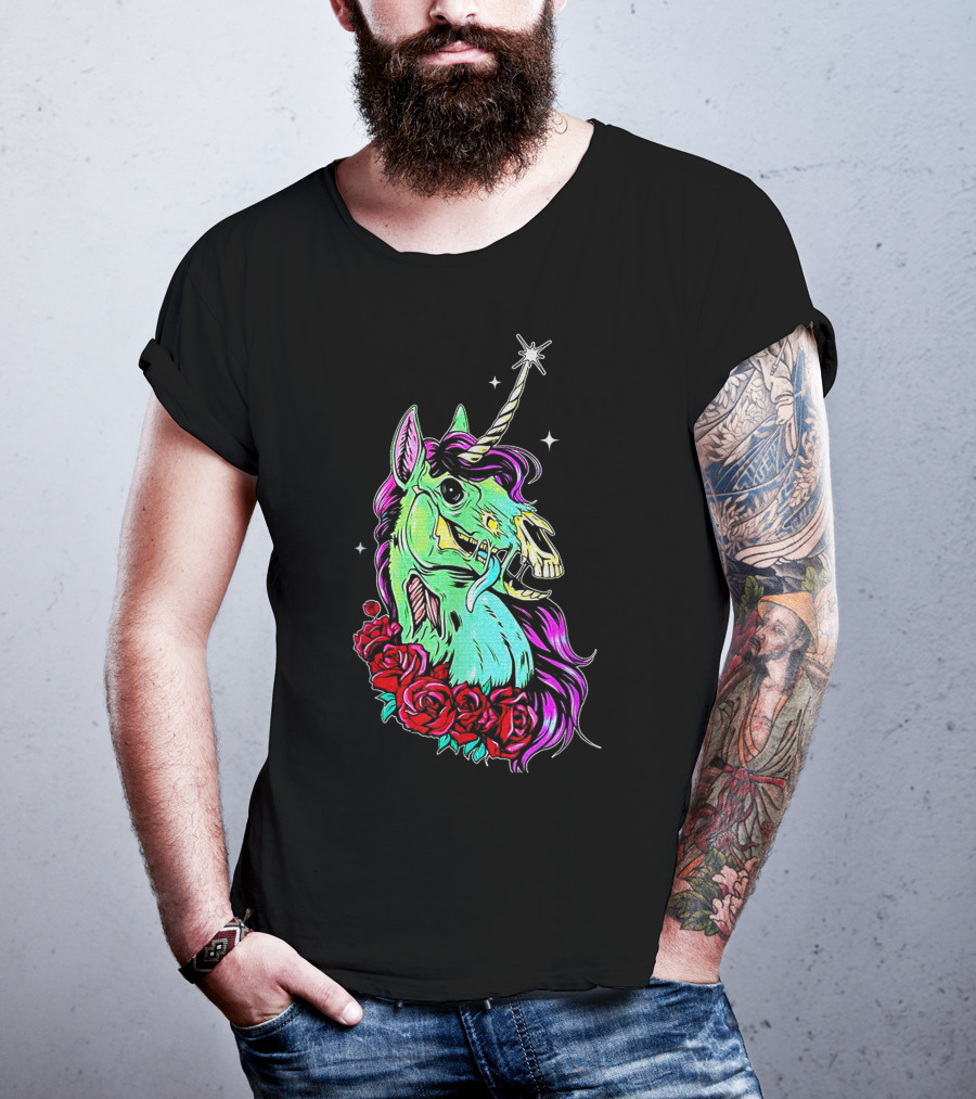 Funny Rose Floral Unicorn Horse Zombie Vibes T-Shirt
