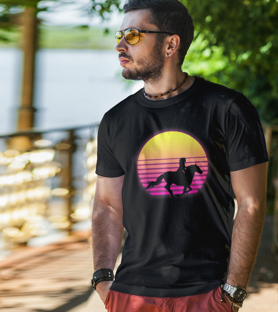 Vintage Sunset Girl Horse Riding Silhouette Retro Cool Horse T-Shirt