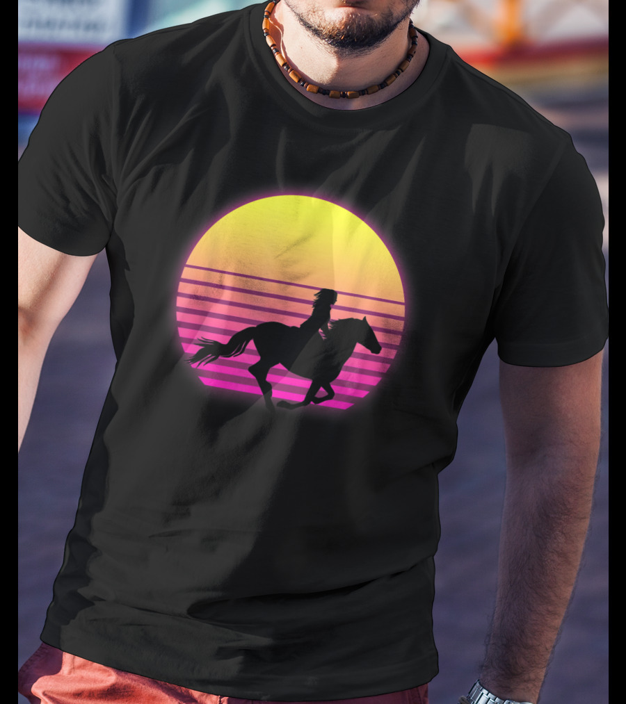 Vintage Sunset Girl Horse Riding Silhouette Retro Cool Horse T-Shirt