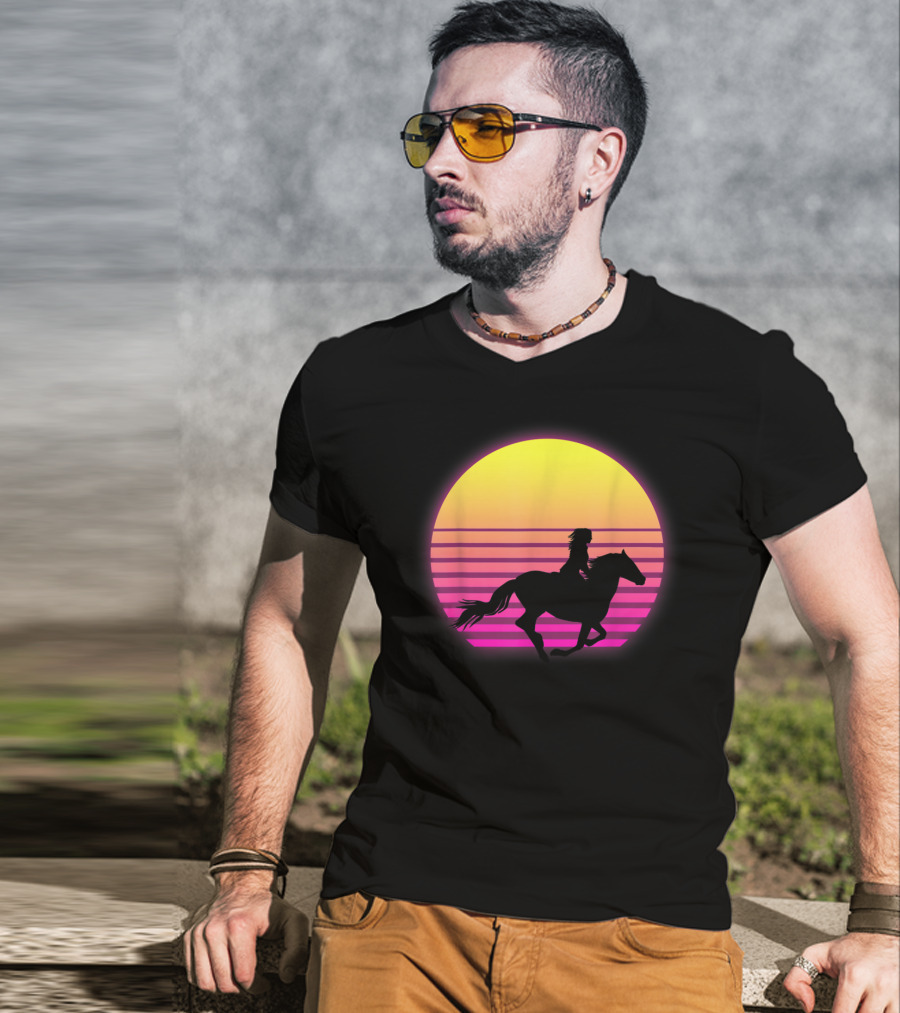 Vintage Sunset Girl Horse Riding Silhouette Retro Cool Horse T-Shirt