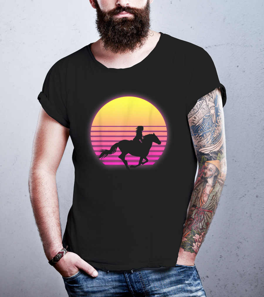 Vintage Sunset Girl Horse Riding Silhouette Retro Cool Horse T-Shirt