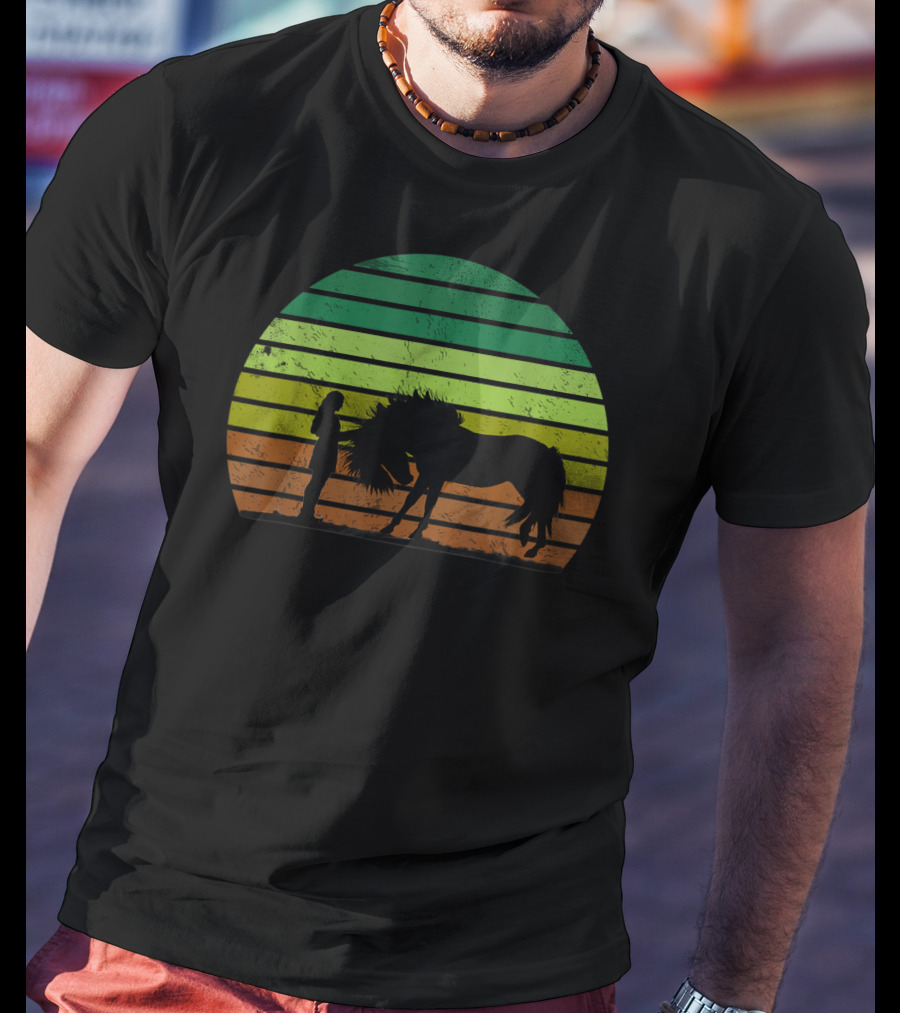 Girl And Horse Silhouette Sunset Stripes T-Shirt