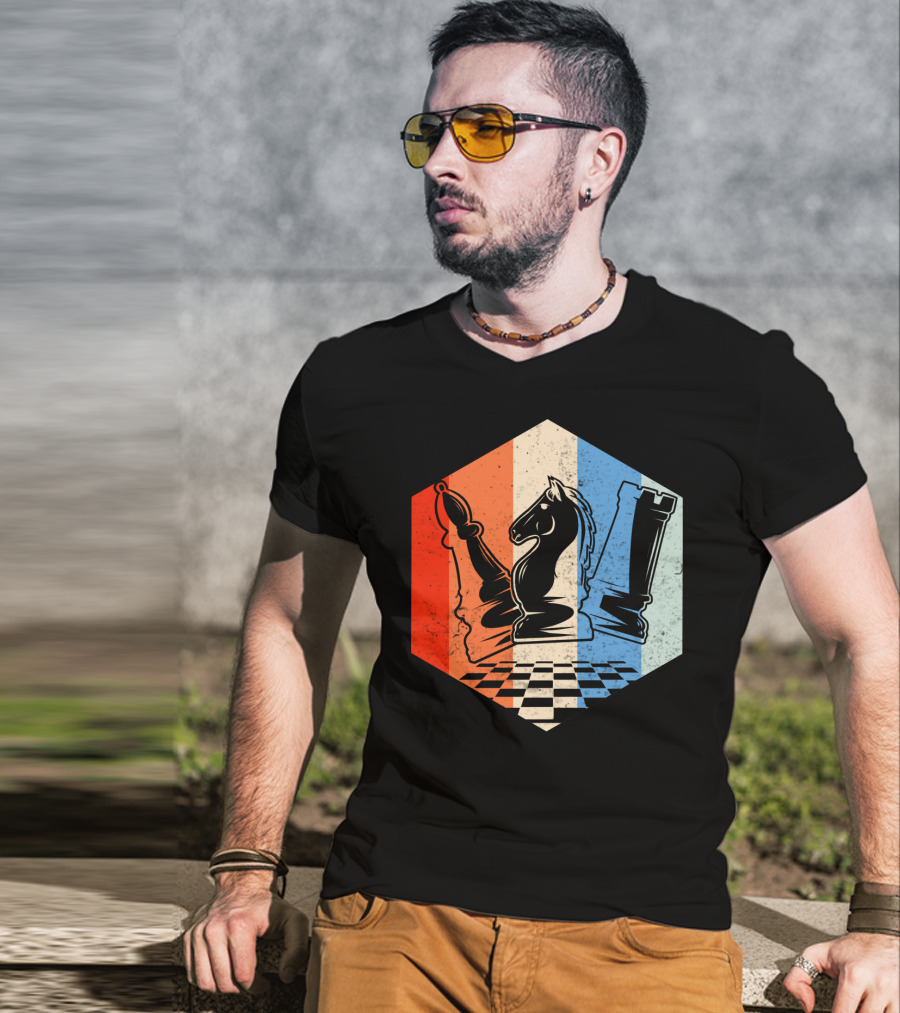Funny Bishop Horse Rook Chess QD Retro Chessboard T-Shirt